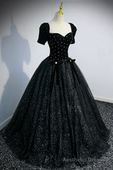 Black Velvet Tulle Long Ball Gown, Black A-Line Formal Evening Gown