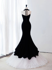 Black/White Velvet Mermaid Long Evening Prom Dresses, Black Formal Evening Dresses
