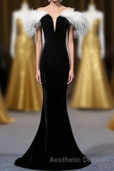 Black Velvet Mermaid Evening Prom Dresses with Feather, Off the Shoulder Long Evening Prom Gown