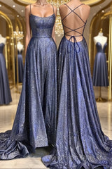 Bling Bling Backless Long Evening Prom Dresses, Open Back Blue Long Formal Evening Dresses