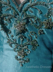 Blue A-Line Spaghetti Straps Satin Beaded Long Evening Prom Dresses Sweetheart Neck Applique Graduation Evening Prom Dresses