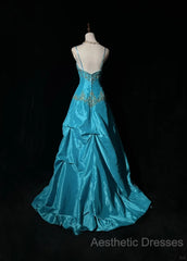 Blue A-Line Spaghetti Straps Satin Beaded Long Evening Prom Dresses Sweetheart Neck Applique Graduation Evening Prom Dresses