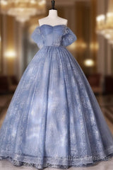 Blue A-Line Tulle Lace Long Evening Prom Dresses, Blue Formal Graduation Dresses