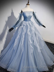 Blue A-Line Tulle Lace Long Evening Prom Dresses, Blue Formal Evening Dresses