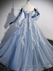 Blue A-Line Tulle Lace Long Evening Prom Dresses, Blue Formal Evening Dresses