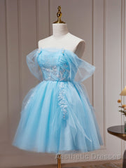 Blue A-line Tulle Short Evening Prom Dresses, Blue Homecoming Dresses