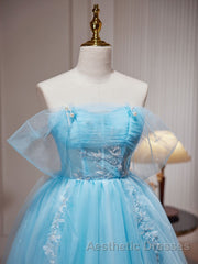Blue A-line Tulle Short Evening Prom Dresses, Blue Homecoming Dresses
