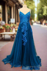 Blue A-line V Neck Prom Dresses Spaghetti Straps Sweep Train Tulle Evening Dresses With Appliqued
