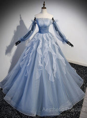 Blue Ball Gown Long Sleeves Beaded Party Dresses, Blue Evening Prom Dresses Sweet 16 Dresses