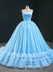 Blue Ball Gown Sequins Strapless Pleats Sleeveless Prom Dress