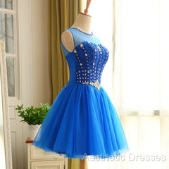 Blue Beaded Tulle Short Cute Homecoming Dresses, Blue Short Party Dresses Evening Prom Dresses