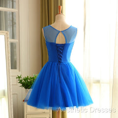 Blue Beaded Tulle Short Cute Homecoming Dresses, Blue Short Party Dresses Evening Prom Dresses