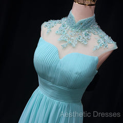 Blue Chiffon Lace And Beaded Cap Sleeves Evening Prom Party Dresses, A-Line Chiffon Formal Dresses