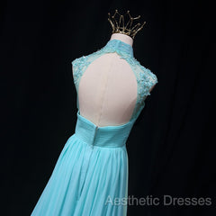 Blue Chiffon Lace And Beaded Cap Sleeves Evening Prom Party Dresses, A-Line Chiffon Formal Dresses