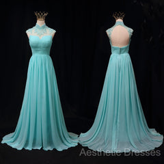 Blue Chiffon Lace And Beaded Cap Sleeves Evening Prom Party Dresses, A-Line Chiffon Formal Dresses