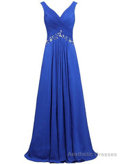 Blue Chiffon V-neck Floor Length Bridesmaid Dress