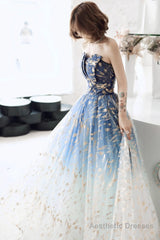 Blue Gradient Beaded A-line Floor Length Party Dress, Blue Tulle Prom Dress