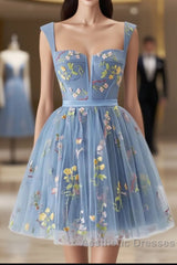 Blue Knee Length Tulle Party Dresses, Cute Blue  Floral Tulle Homecoming Dresses