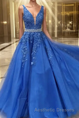 Blue lace tulle long Evening Prom Dresses, blue tulle lace evening Dresses