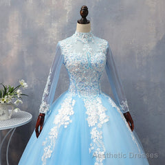 Blue Long Sleeves lace Tulle Sweet 16 Dress, Light Blue Ball Gown Formal Dress, Party Dress