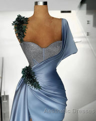 Blue Mermaid Sweetheart Satin Long Evening Prom Dresses Beaded One Shoulder Formal Evening Dresses