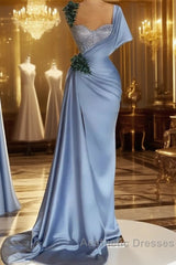 Blue Mermaid Sweetheart Satin Long Evening Prom Dresses Beaded One Shoulder Formal Evening Dresses