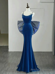 Blue Mermaid Velvet Spaghetti Straps Prom Dress