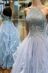 Baby Blue Evening Prom Dresses A Line Halter Long Party Evening Dresses with Appliques Open Back