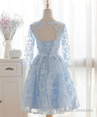 Blue Round Neck Lace Short Prom Dress, Blue Bridesmaid Dress, Homecoming Dress
