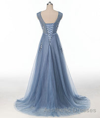 Blue round neck tulle lace applique long Evening Prom Dresses, blue evening Dresses