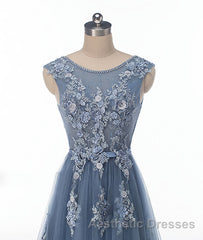 Blue round neck tulle lace applique long Evening Prom Dresses, blue evening Dresses