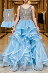 Blue round neck tulle sequin long Evening Prom Dresses blue tulle formal Dresses