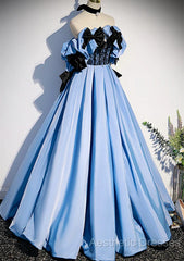 Blue Satin A-Line Long Evening Prom Dresses With Black Bow, Off The Shoulder Blue Long Party Dresses