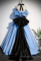 Blue Satin A-Line Long Evening Prom Dresses With Black Bow, Off The Shoulder Blue Long Party Dresses