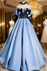 Blue Satin A-Line Long Evening Prom Dresses With Black Bow, Off The Shoulder Blue Long Party Dresses