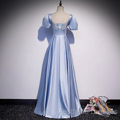 Blue Satin Beaded A-Line Long Party Dresses, Blue Evening Prom Party Dresses Formal Dresses
