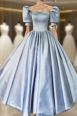 Blue Satin Floor Length Evening Prom Dresses, A-Line Short Sleeve Evening Party Dresses