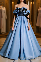 Blue satin lace long Evening Prom Dresses blue satin evening Dresses