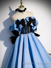 Blue satin lace long Evening Prom Dresses blue satin evening Dresses