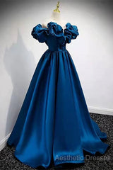 Blue Satin Long Off Shoulder A-Line Evening Prom Dresses, Blue Sweetheart Evening Dresses