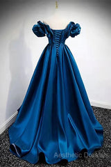 Blue Satin Long Off Shoulder A-Line Evening Prom Dresses, Blue Sweetheart Evening Dresses