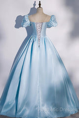 Blue Satin Long Evening Prom Dresses, Blue A-Line Scoop Neckline Short Sleeve Evening Dresses