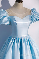 Blue Satin Long Evening Prom Dresses, Blue A-Line Scoop Neckline Short Sleeve Evening Dresses