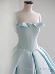 Blue Satin Long Evening Prom Dresses, Blue Satin Formal Dresses