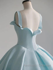 Blue Satin Long Evening Prom Dresses, Blue Satin Formal Dresses