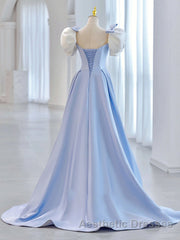 Blue Satin Long Evening Prom Dresses, Blue Formal Graduation Dresses