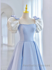 Blue Satin Long Evening Prom Dresses, Blue Formal Graduation Dresses