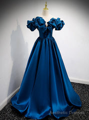 Blue Satin Off the Shoulder Prom Dress