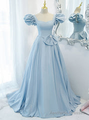 Blue Satin Puff Sleeve Square Prom Dress