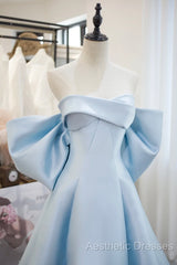 Blue Satin Spaghetti Strap Long Evening Prom Dresses With Big Bow, Blue A-Line Evening Party Dresses